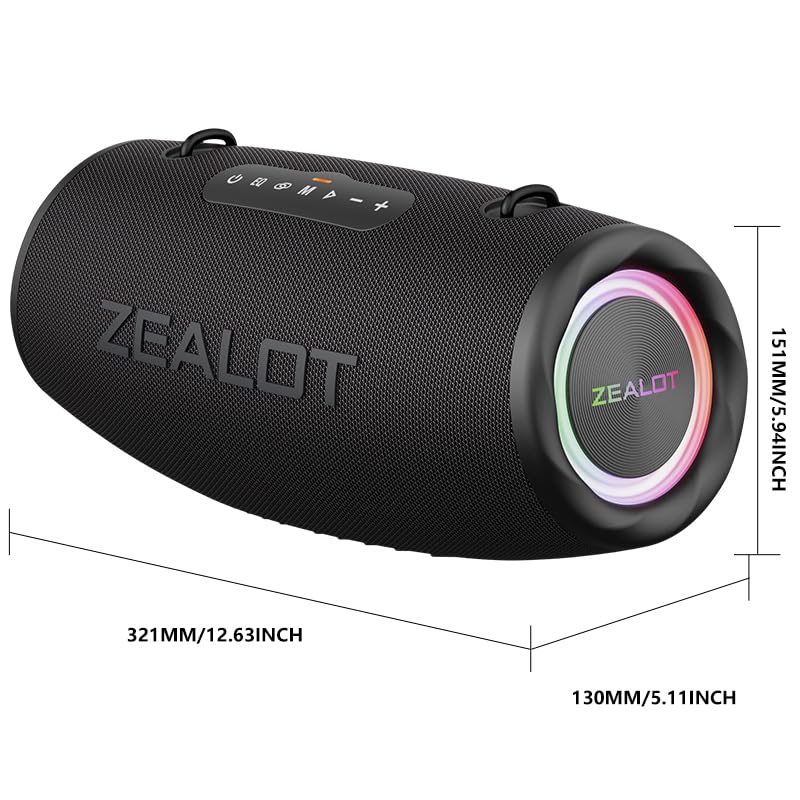 Zealot Altavoz Bluetooth Grande 80W de Potencia con Luz LED, Altavoces Inalámbricos 16000mah Batería, Autonomía de 40 Horas, Puerto de AUX, USB, Tarjeta TF, Bluetooth 5.2, IP67 Impermeable, Negro