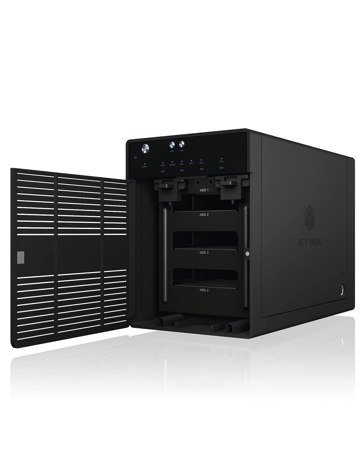 ICY BOX Externes 4-Fach USB-C Gehäuse für 2,5 Zoll & 3,5 Zoll SSD und Festplatten, USB 3.1 (Type-C, Gen 2), JBOD, Lüfter, SATA, Aluminium, Schwarz