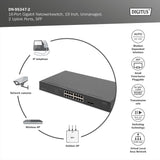 DIGITUS Conmutador de Red PoE de 19 Pulgadas - 16 Puertos Gigabit + 2 Puertos Gigabit SFP - No gestionado - VLAN - 250W PoE Power Budget - 10/100/1000 Mbit/s - Negro