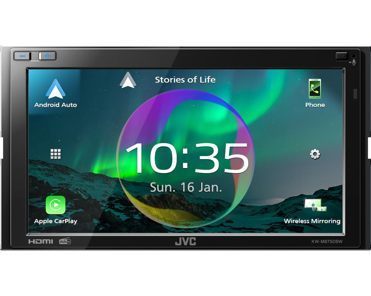 JVC KW-M875DBW - Receptor Multimedia AV de 17,3 cm (6,8") con CarPlay inalámbrico y Android Auto (4x50W, Dab+/FM, Bluetooth, 3 pre-Salidas de 4V, USB-C, Control de iPod/iPhone).