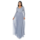Maya Deluxe Womens Ladies Dress Sleeve for Wedding Guest V Neck High Empire Waist Maxi Long Length Evening Bridesmaid Prom Vestido, Dusty Blue, 24 para Mujer