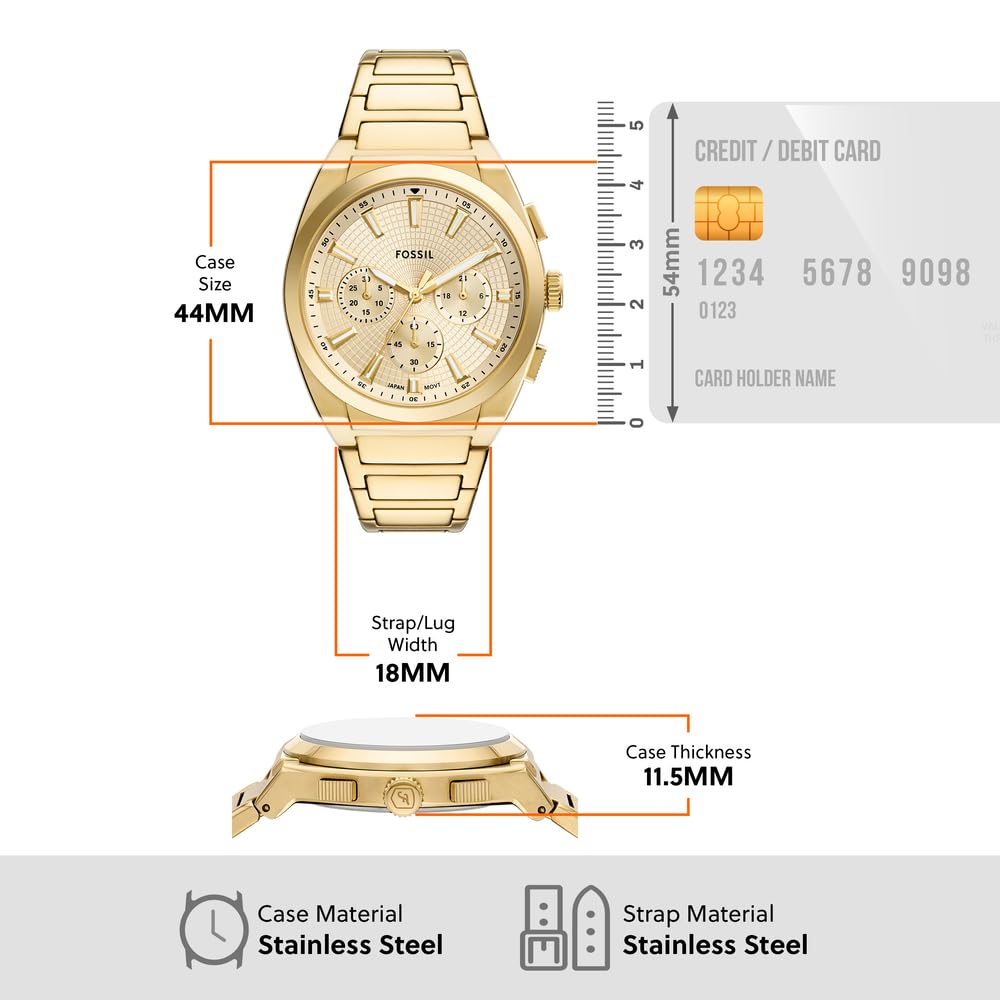 Fossil Reloj Everett para Hombre, Movimiento Cronógrafo Cuarzo con Correa de Piel o Acero, Tono Oro