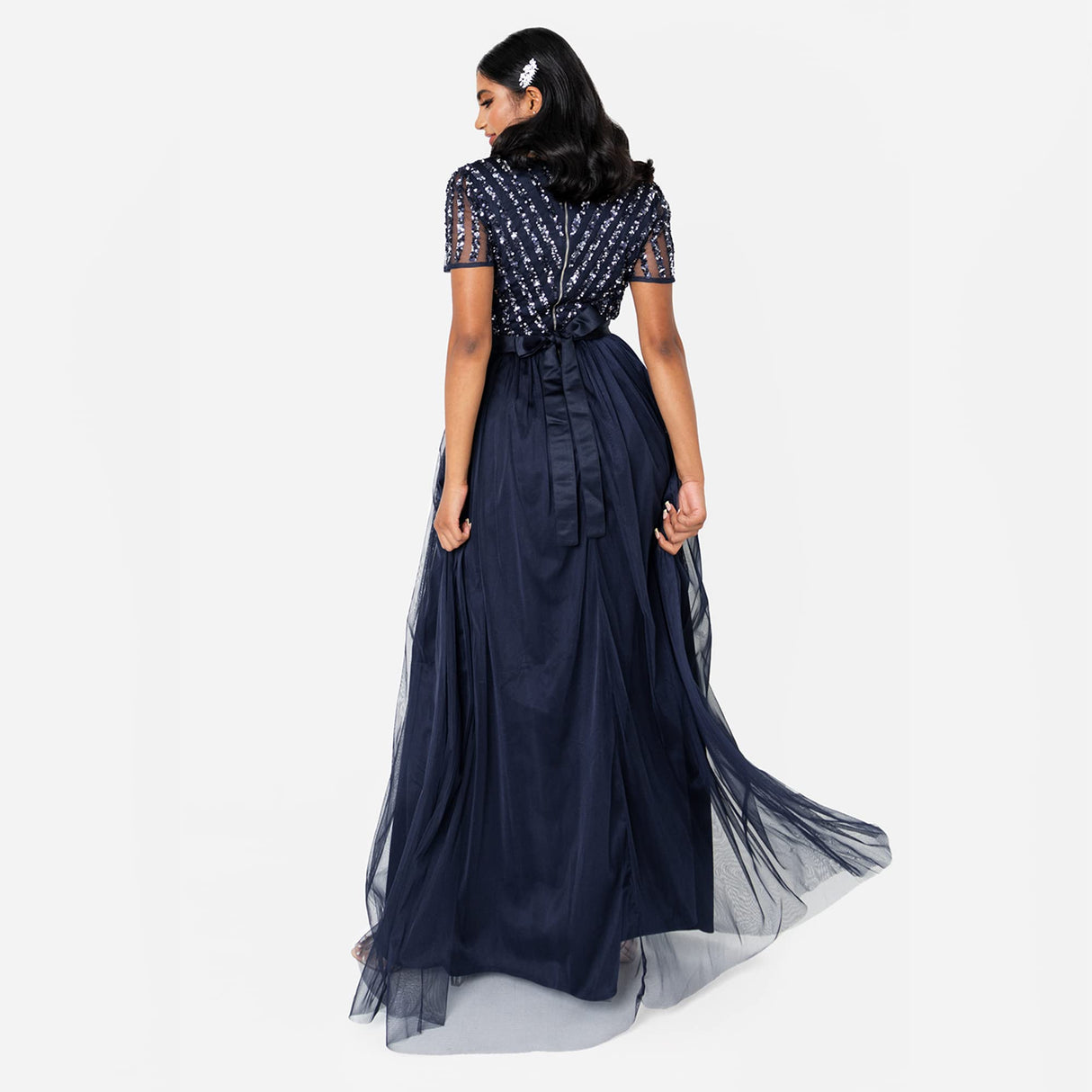 Maya Deluxe Maxi Dress for Women Ladies Bridesmaid V-Neck Ball Gown Short Sleeves Long Elegant Empire Waist Wedding Vestido de Dama de Honor, Azul Marino, 50 para Mujer