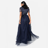 Maya Deluxe Maxi Dress for Women Ladies Bridesmaid V-Neck Ball Gown Short Sleeves Long Elegant Empire Waist Wedding Vestido de Dama de Honor, Azul Marino, 50 para Mujer