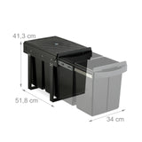 Relaxdays Cubo de Basura Cocina, 2 Espacios, 2X 20 L, 41,3x34x51,8 cm, Extraíble, Papelera Reciclaje Fregadero, Negro, Acero, Plástico, 2 x 20 L
