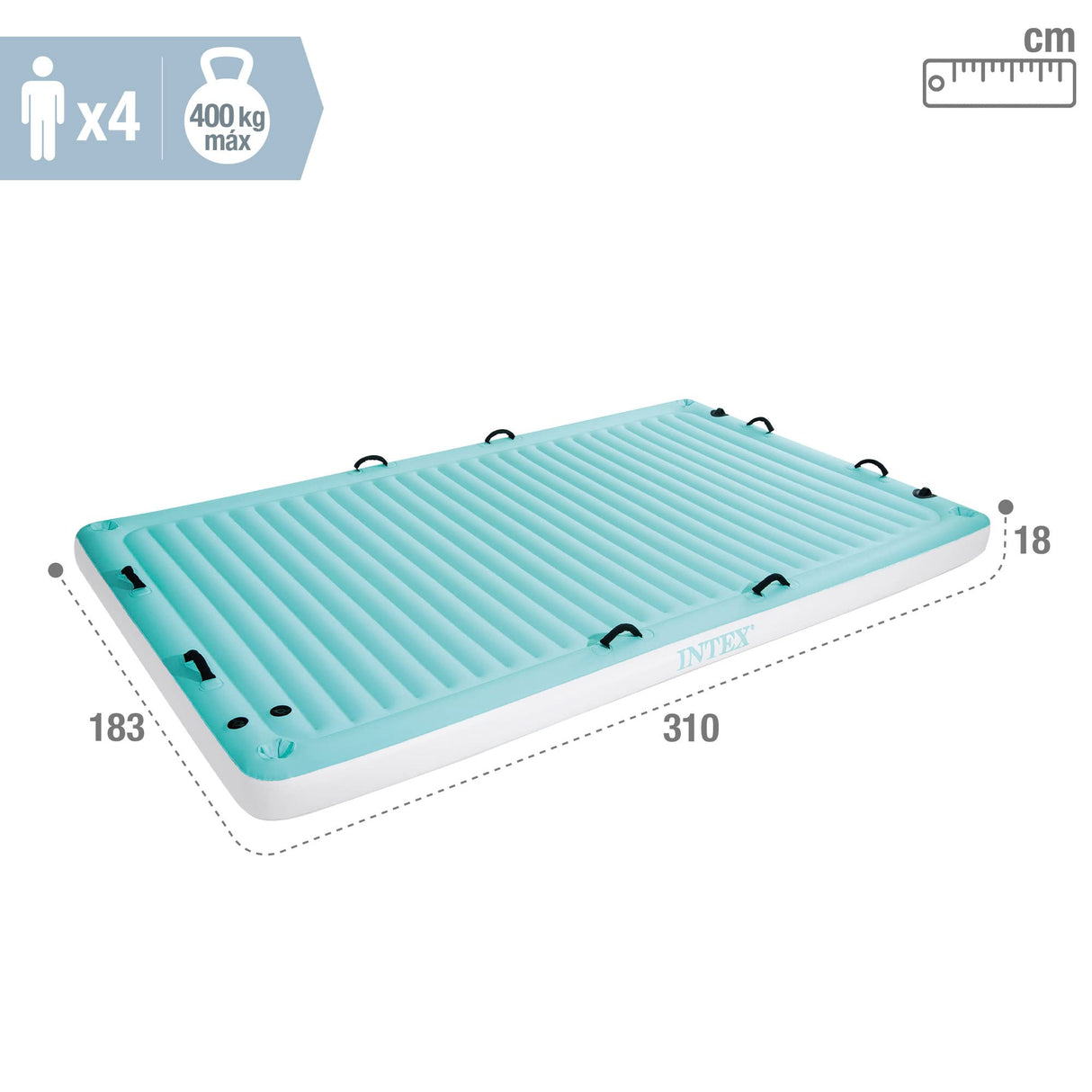 Intex 56289 Manta Flotante Hinchable, Capacidad para 4 Personas, Peso Máx. Soportado 400 kg, con 8 Asas de Sujeción y 4 Porta Bebidas, Medidas 183x310x18 cm, Hinchables para Piscina, Flotadores