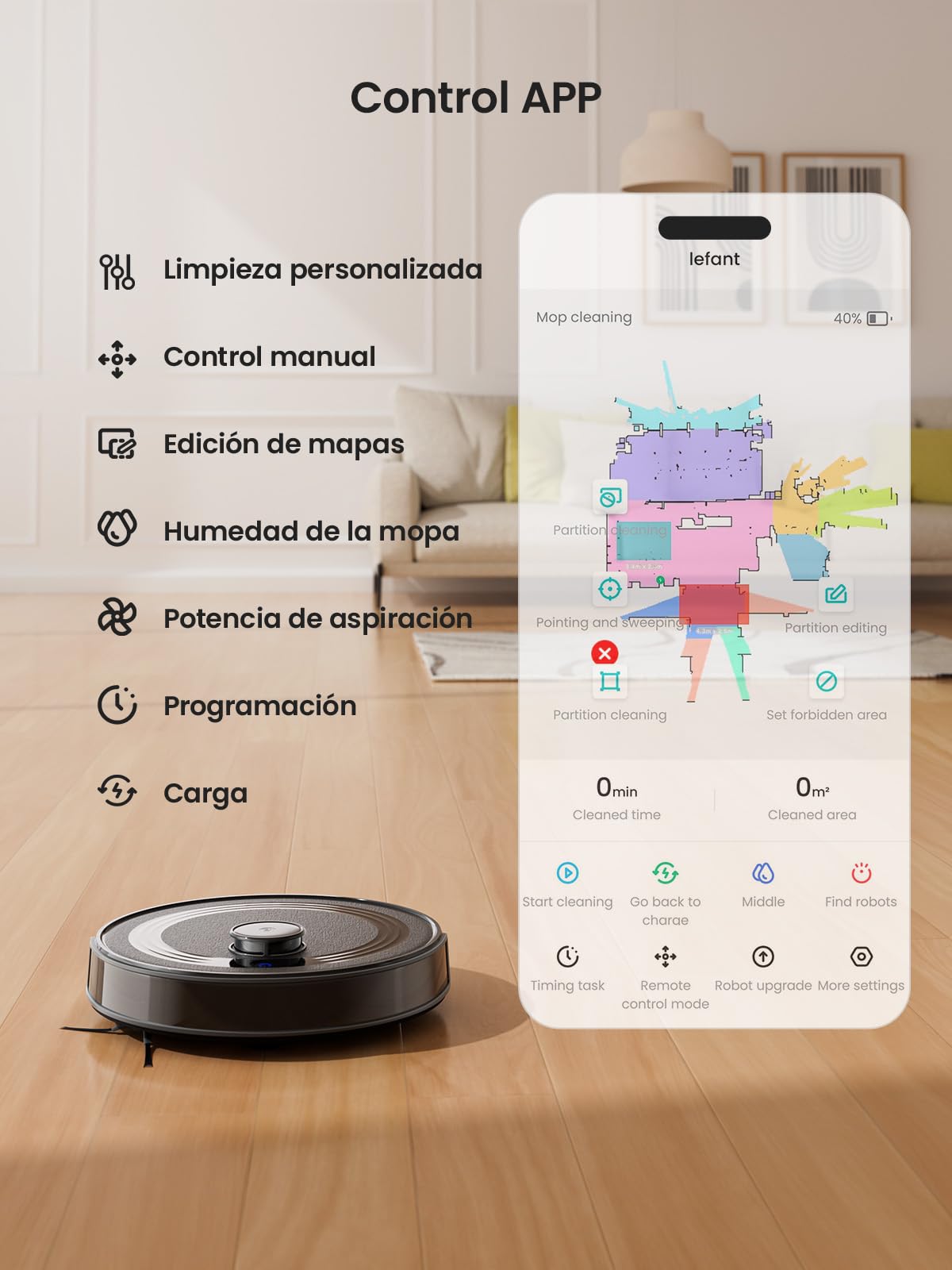 LEFANT M2 Robot Aspirador y Fregasuelos, 6000Pa, 140min, Navegación dToF, Mapeo 3 Pisos, Evitación Mejorada PSD, Limpieza Personalizada, WiFi/App/Alexa, Negro
