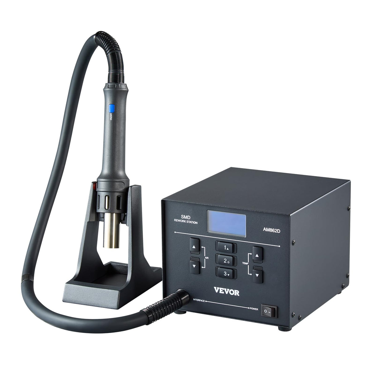 VEVOR Estación de Retrabajo de Aire Caliente SMD Digital 1000 W, 99 Niveles, 3 Canales Preestablecidos y 3 Boquillas de Aire Caliente para Reparar Dispositivos Electrónicos, 187 x 171 x 149 mm