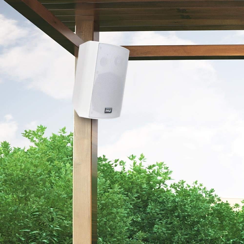 Pyle Sistema de par de Altavoces, Activo, Pasivo, Resistentes a la Intemperie, Inalambricos, Sonido Estereo, Interiores, Exteriores, AUX, Bluetooth, Blanco