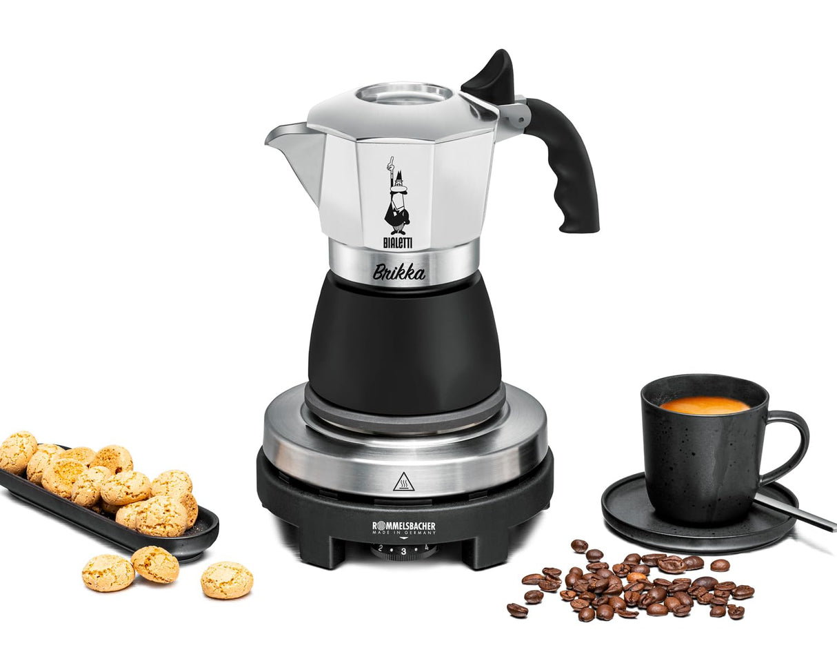 Rommelsbacher Set de regalo RK 505/K, mini placa de cocción de 80 mm de diámetro, regulable sin niveles, jarra original Bialetti Moka, 90 ml, sistema de preparación para la formación de crema, color