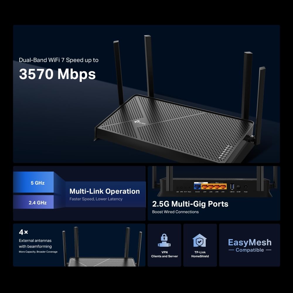 TP-Link BE3600 - Enrutador Wi-Fi 7 de Doble Banda, inalámbrico y cableado, hasta 3.6 Gbps, Puertos Multi-Gigabit 2.5G, MLO, Juegos y transmisión, Compatible con EasyMesh, fácil configuración,