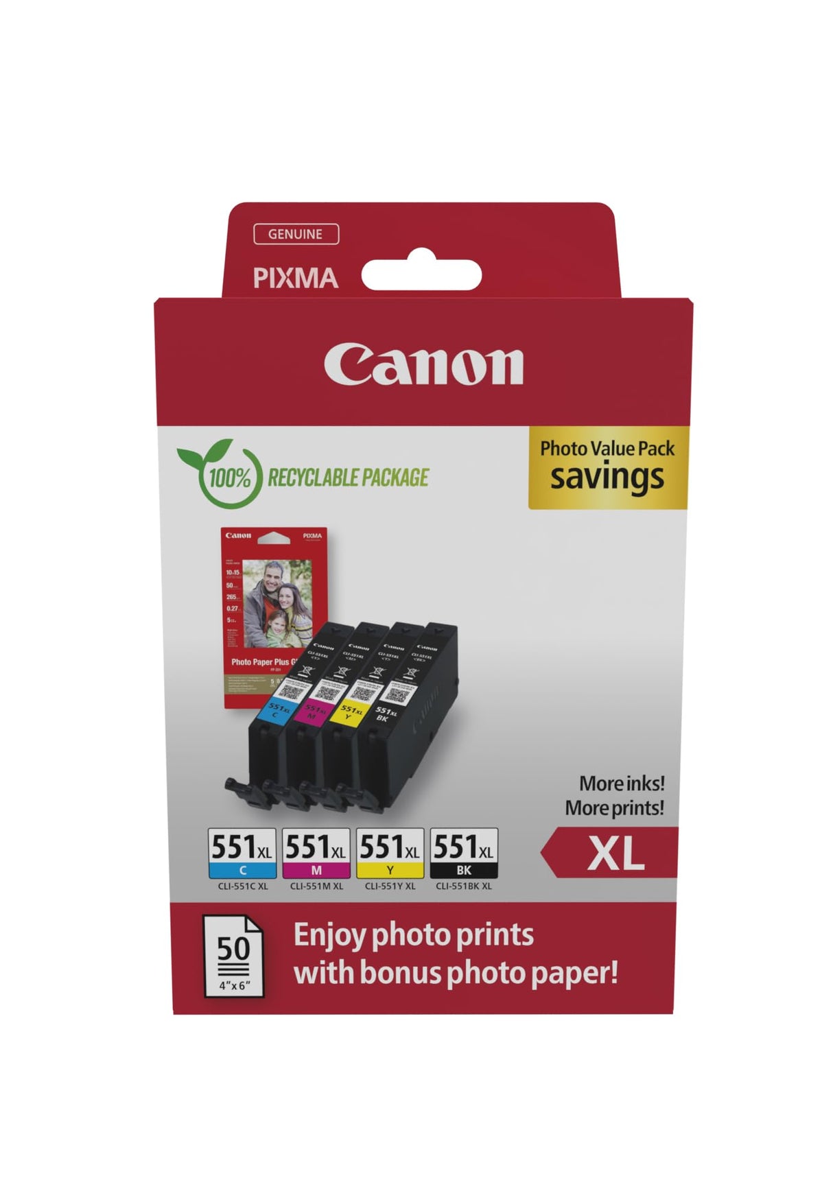 Canon CLI-551XL, Cartucho de Tinta Original, Multipack, 4 Cartuchos de Tinta Independientes, Color Negro, Magenta, Cian, Amarillo, Incluye 50 Hojas Papel Fotográfico 4 x 6