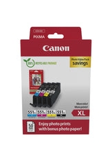 Canon CLI-551XL, Cartucho de Tinta Original, Multipack, 4 Cartuchos de Tinta Independientes, Color Negro, Magenta, Cian, Amarillo, Incluye 50 Hojas Papel Fotográfico 4 x 6