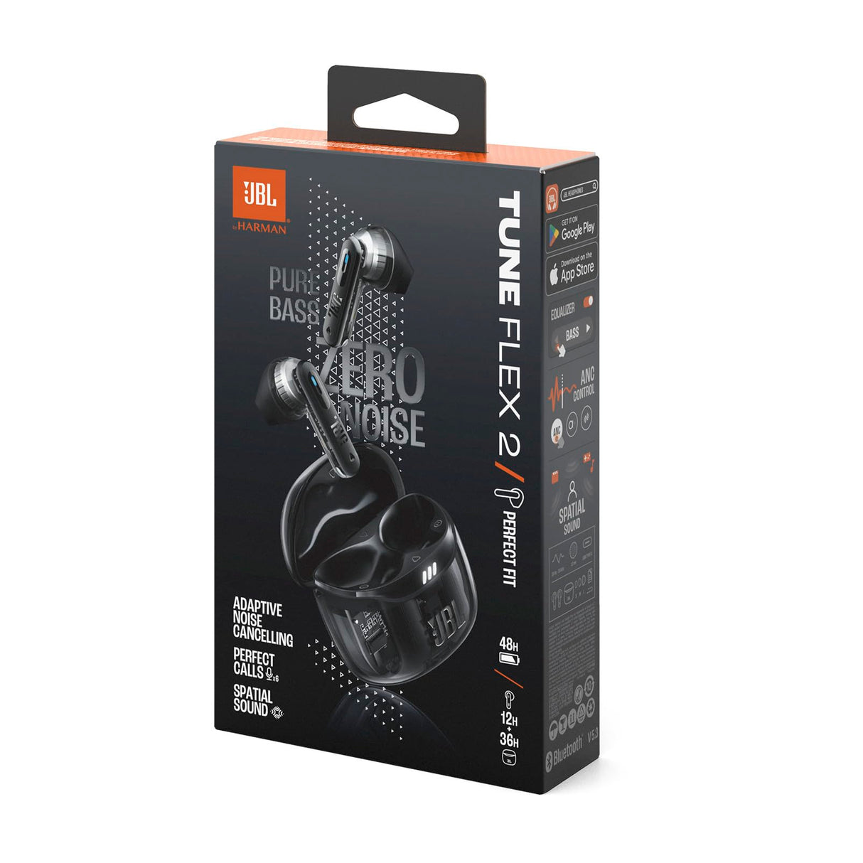 JBL Tune Flex 2, Auriculares inalámbricos Bluetooth y cancelación de Ruido. Autonomía de hasta 48 hrs, IP54 Resistentes al Agua y al Polvo, conexión multipunto, diseño ergonómico y Abierto,Ghost Negro