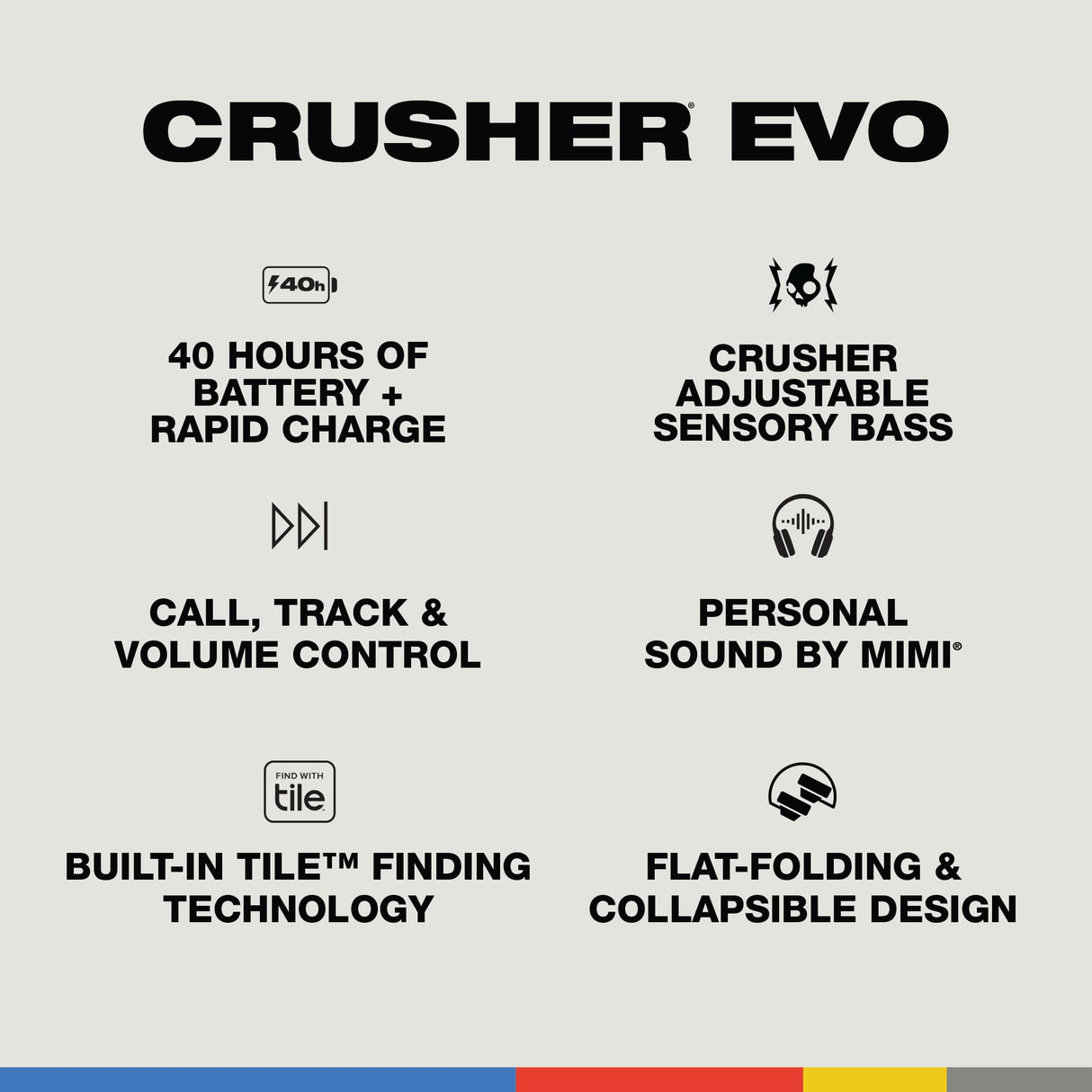 Skullcandy Crusher EVO Cascos Over-Ear Inalámbricos con Sensory Bass, 40 h de Autonomía, Micrófono, Compatibles con iPhone Android y Dispositivos Bluetooth - Gris