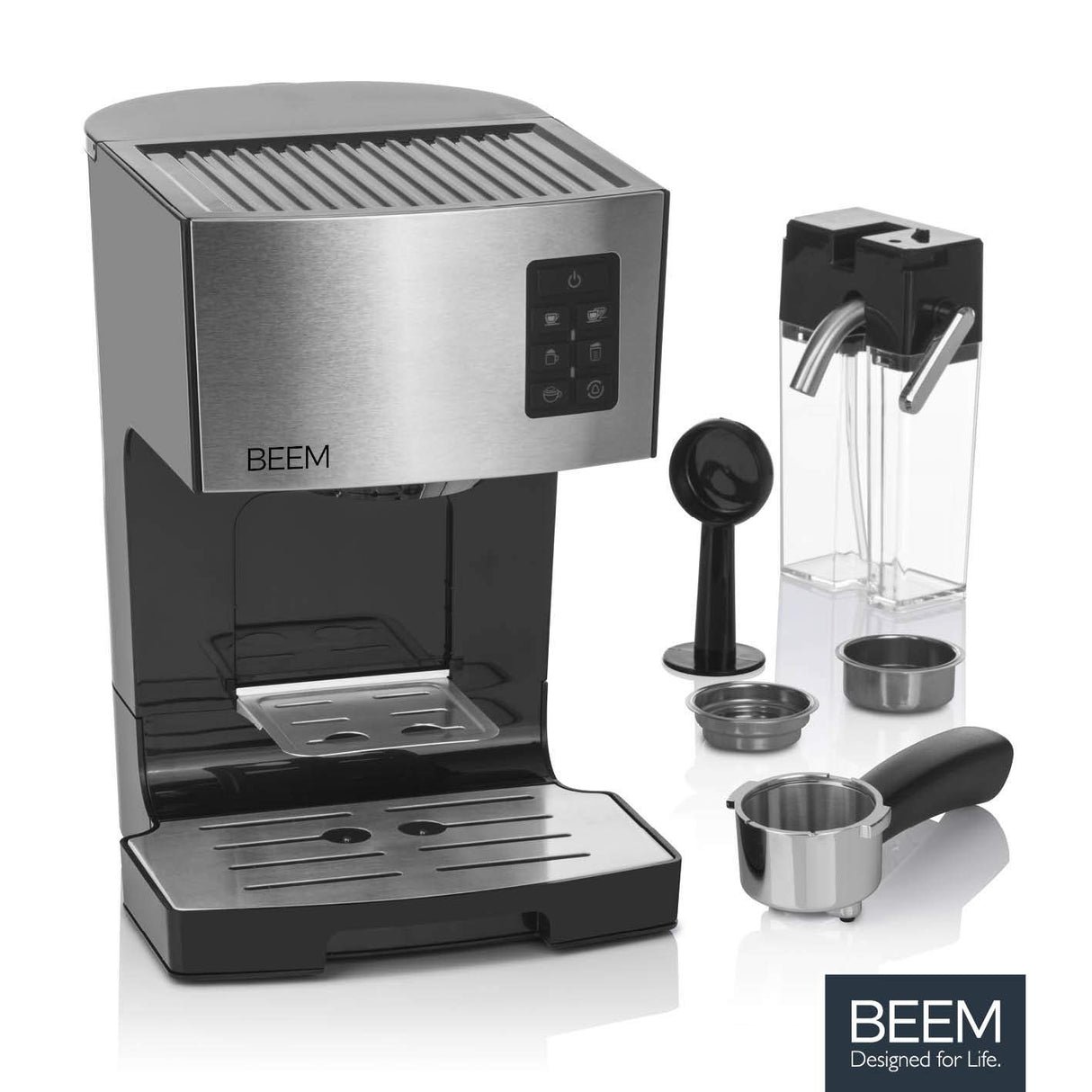 BEEM CLASSICO Máquina portafiltros de espresso - 19 bar | Plata | Depósito de leche integrado y boquilla de vapor | Depósito de agua extraíble | 1450 W