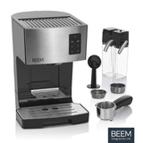 BEEM CLASSICO Máquina portafiltros de espresso - 19 bar | Plata | Depósito de leche integrado y boquilla de vapor | Depósito de agua extraíble | 1450 W