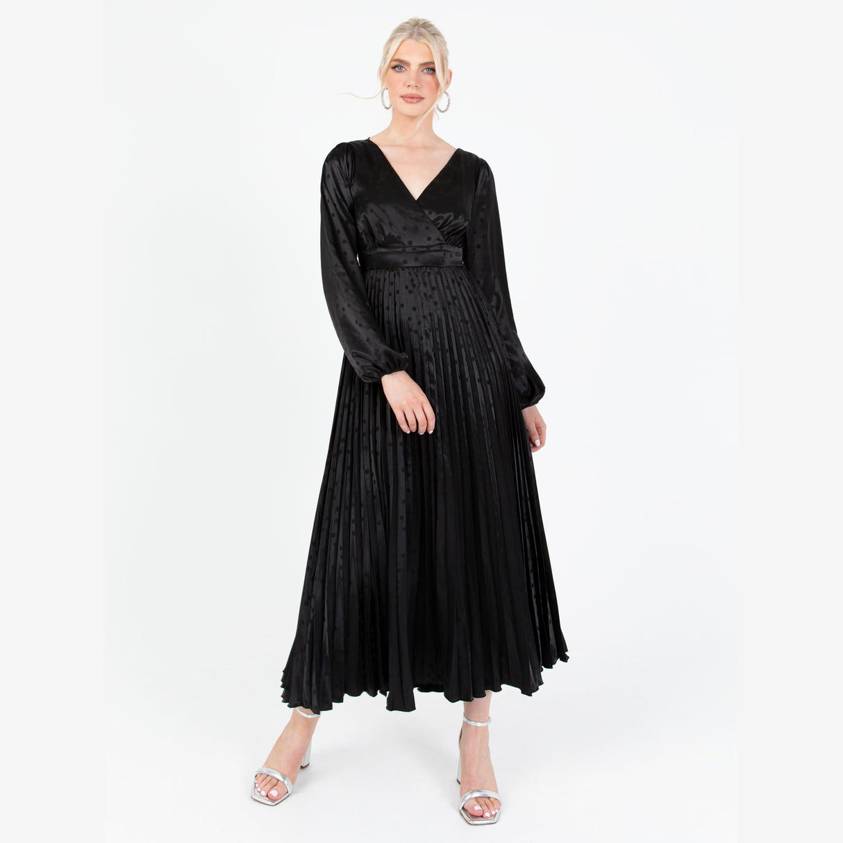 Lovedrobe Women's Midaxi Dress Ladies Pleated Satin V-Neck Long Bishop Sleeve Empire A-Line for Evening Occasion Party Prom Ball Vestido, Negro, 42 para Mujer