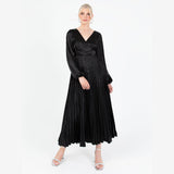 Lovedrobe Women's Midaxi Dress Ladies Pleated Satin V-Neck Long Bishop Sleeve Empire A-Line for Evening Occasion Party Prom Ball Vestido, Negro, 42 para Mujer