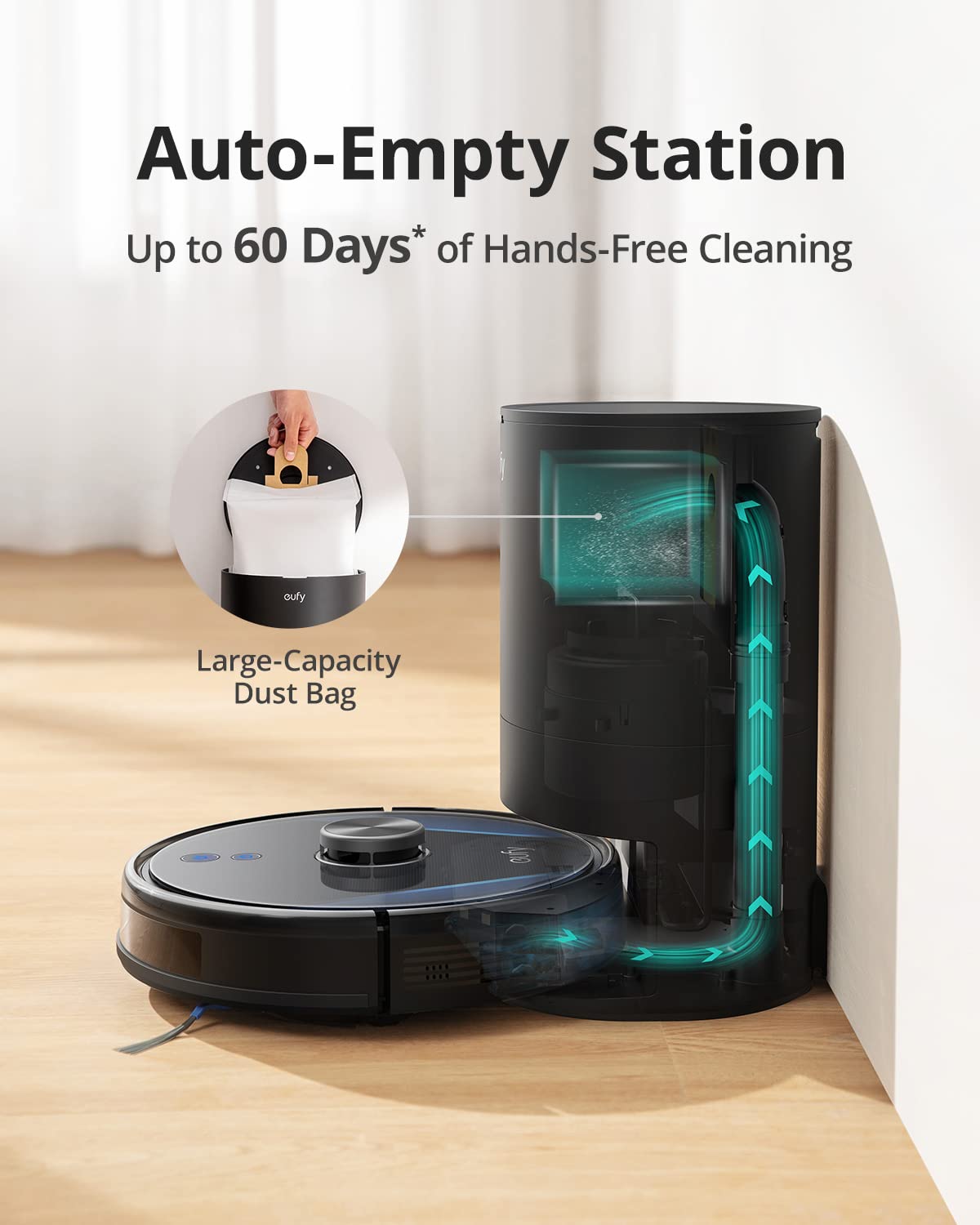 eufy RoboVac LR30 Hybrid+ Robot aspirador y fregasuelo, vaciado auto, 60 días capacidad, navegación láser iPath, 3000 Pa succión, escaneado varios pisos, control avanzado aplicación,funciona con Alexa
