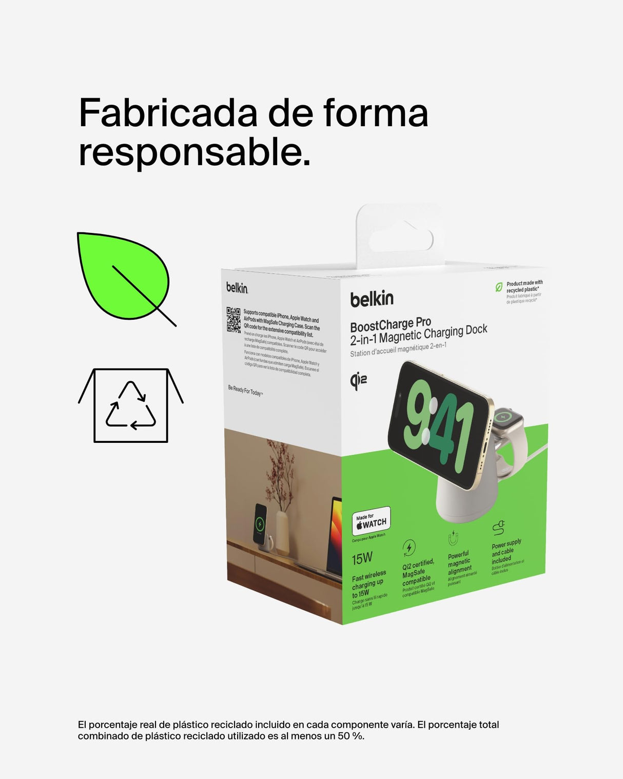 Belkin BoostCharge Pro Cargador inalámbrico 2 en 1 con Qi2 de 15 W, estación de Carga con MagSafe para iPhone Series 16, 15, 14, 13 y 12, Apple Watch, AirPods y Otros, Fuente de alimentación, Beis