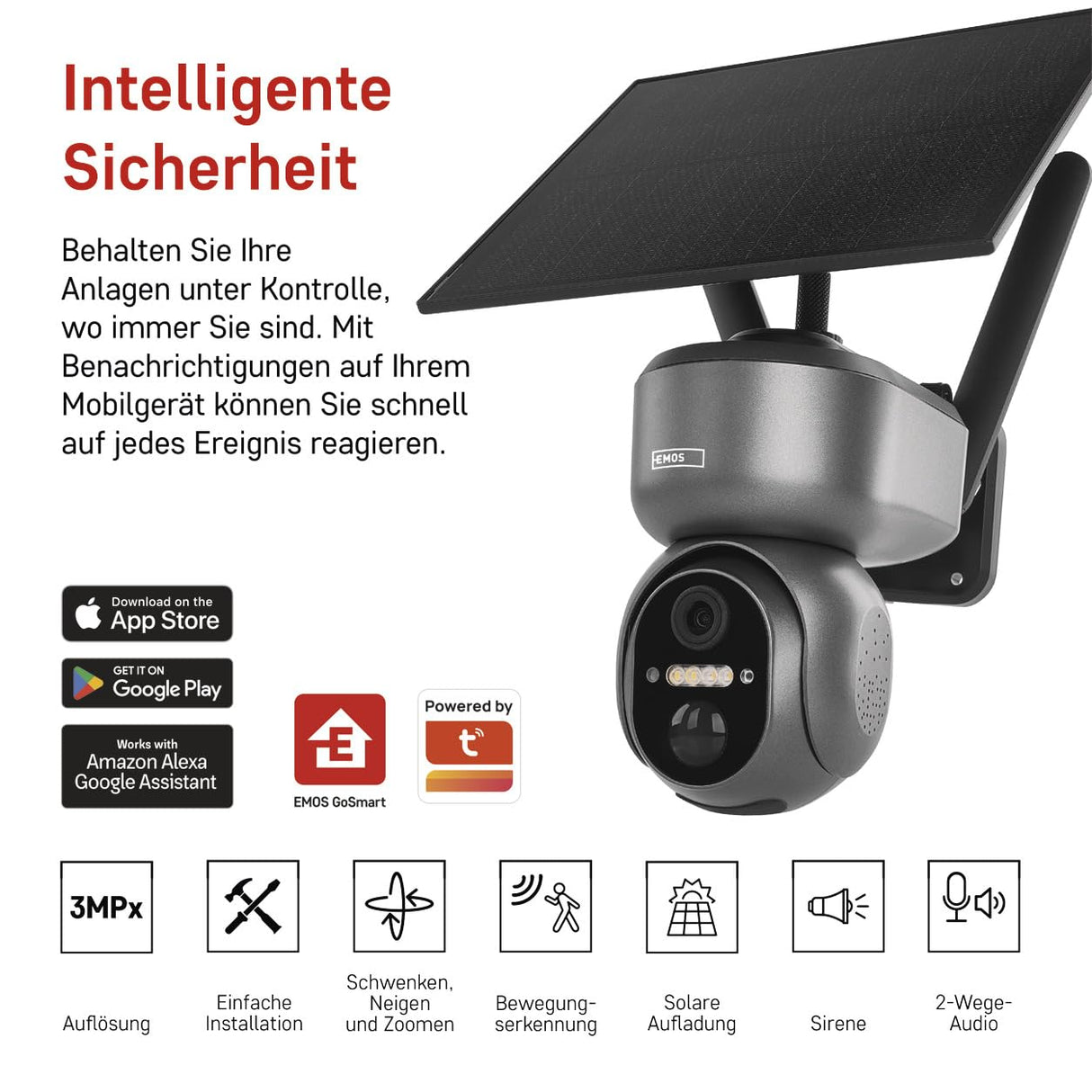 EMOS GoSmart - Cámara de vigilancia Inteligente para el Aire Libre - Cámara IP giratoria de 3 MP 4G/LTE y aplicación - Detección de Movimiento, visión Nocturna, batería de Panel Solar, Compatible con
