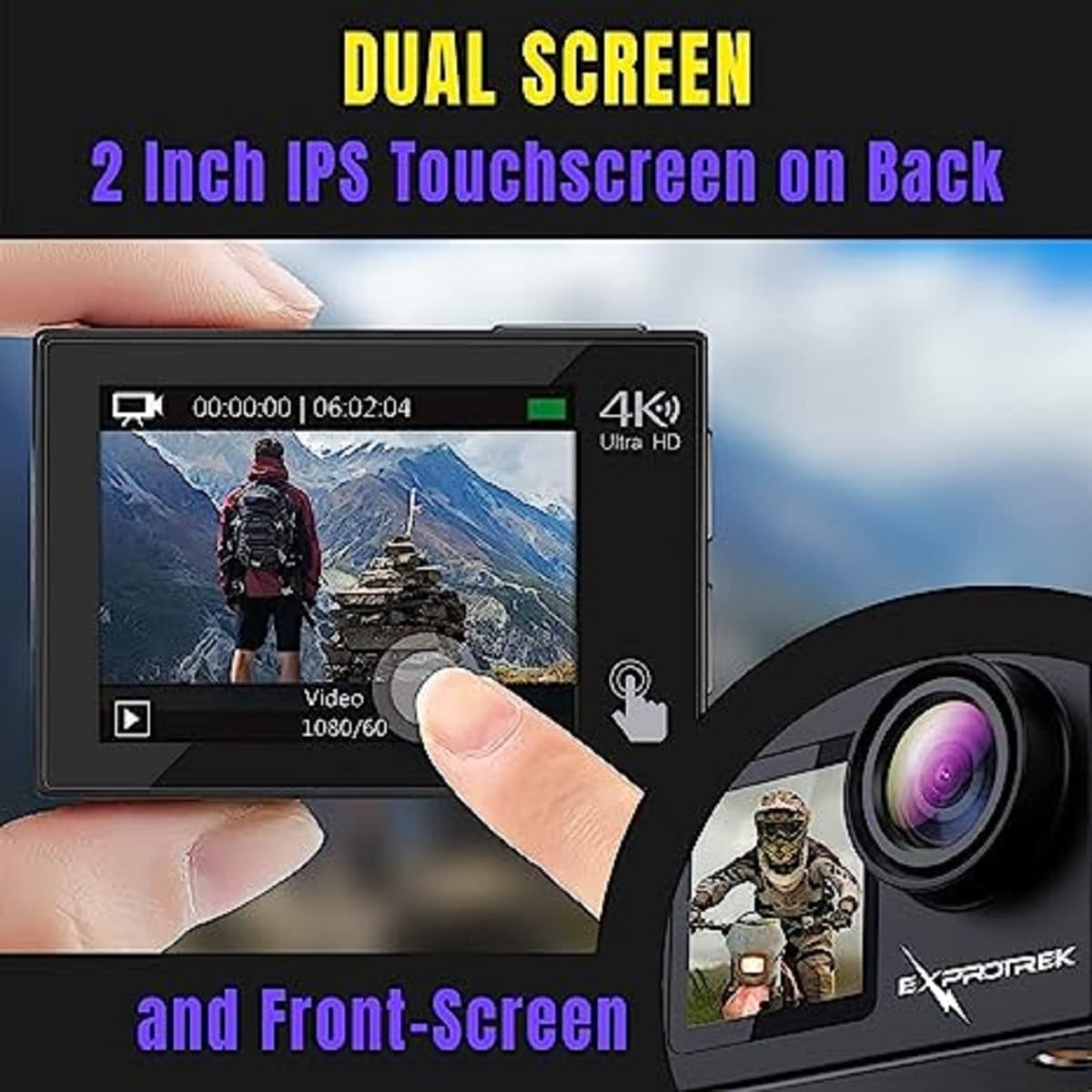 Exprotrek Cámara de acción 4K con Pantalla táctil, EIS Gran Angular de 170°, cámara subacuática Impermeable de 40 m, cámara Deportiva de Control Remoto con Kit de Accesorios para Casco