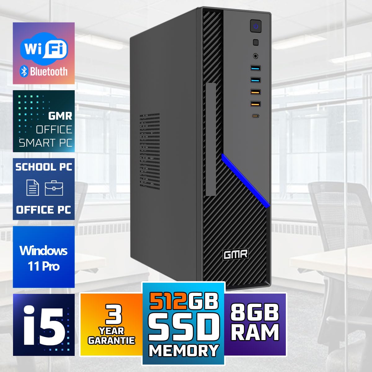 GMR Ultra SFF i5 Office PC - Ordenador de Oficina para Empresas | 3 Años de Garantía | 8 GB de RAM | SSD M.2 de 512 GB | USB 3 | Windows 11 Pro | WiFi-Bluetooth