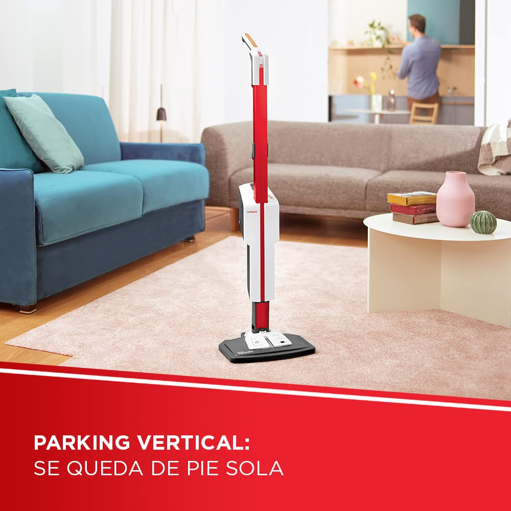 Polti Vaporetto SV650 Style, Escoba a Vapor con Limpiador Portátil Integrado, Potencia Máxima 1500 W, 19 Accesorios, Filtro Antical, Autonomía Ilimitada, Parking Vertical, Rojo y Blanco