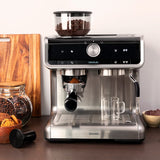 Cecotec Cafetera Express con Brazo con Doble Salida Power Espresso 20 Bares Barista Cream, 1550 W, Depósito de Café en Grano 250g, Molinillo 30 Niveles, Thermoblock, Depósito Agua 2.5 L, Acero Negro