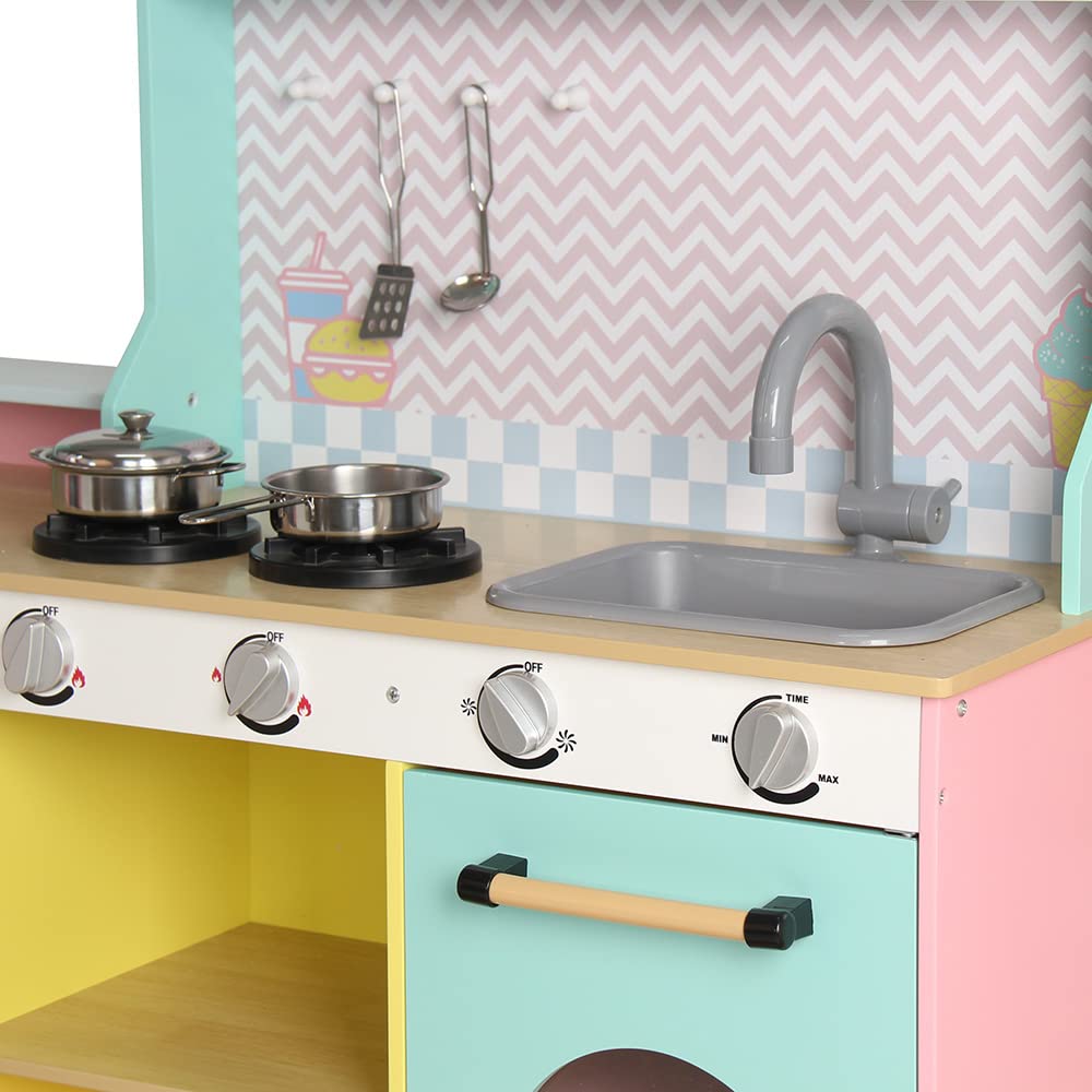 DEQUBE -Cocina Restaurante de Madera 4 módulos 2 en 1 con luz y Sonido -con Todo lo Necesario de una Cocina y de un Restaurante con Asientos y Mesa -con Accesorios metálicos - 90X81X82 cm (913D00015)