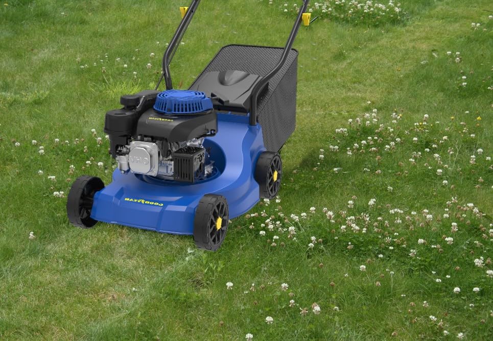 Goodyear - Cortacésped a Gasolina 132cc OHV 4T, 3.35HP, Ancho Corte 39cm, Altura Ajustable 30-66mm, Bolsa 35L, Chasis Plástico, Arranque Manual, Ideal Jardines Medianos