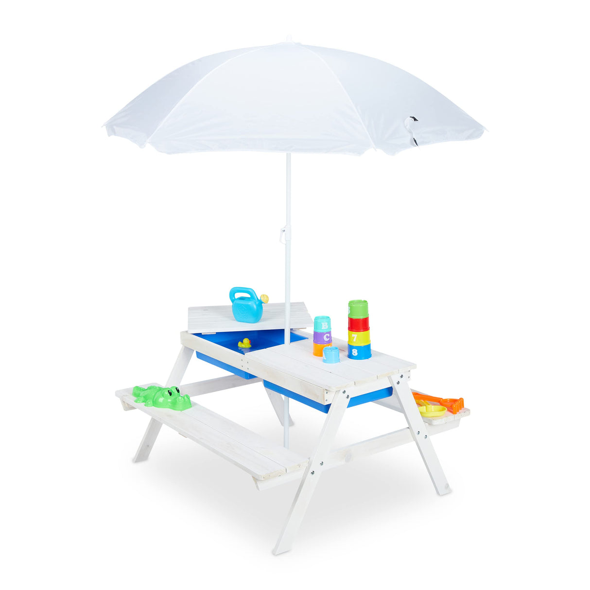 Relaxdays Grupo Mesa Pícnic Infantil con Sombrilla, Mesita Niños con 2 Bancos Madera, para Juegos con Arena y Agua, Blanca, Poliéster, 49 x 86 x 92,5 cm