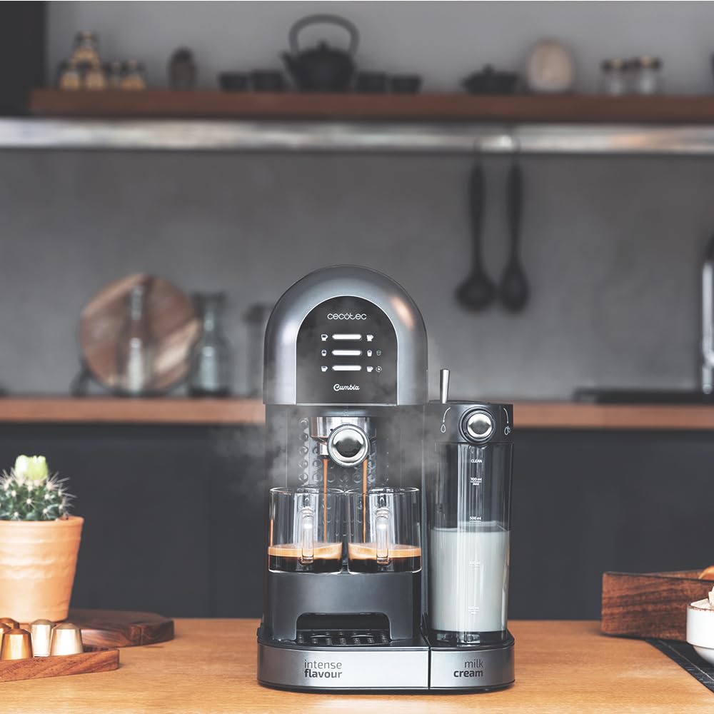 Cecotec Cafetera Semiautomática Power Instant-ccino 20 Chic Serie Nera. para café molido y en cápsulas, 20 Bares, Depósito de Leche 0.7ml, Depósito de Agua 1.7L, 1470W
