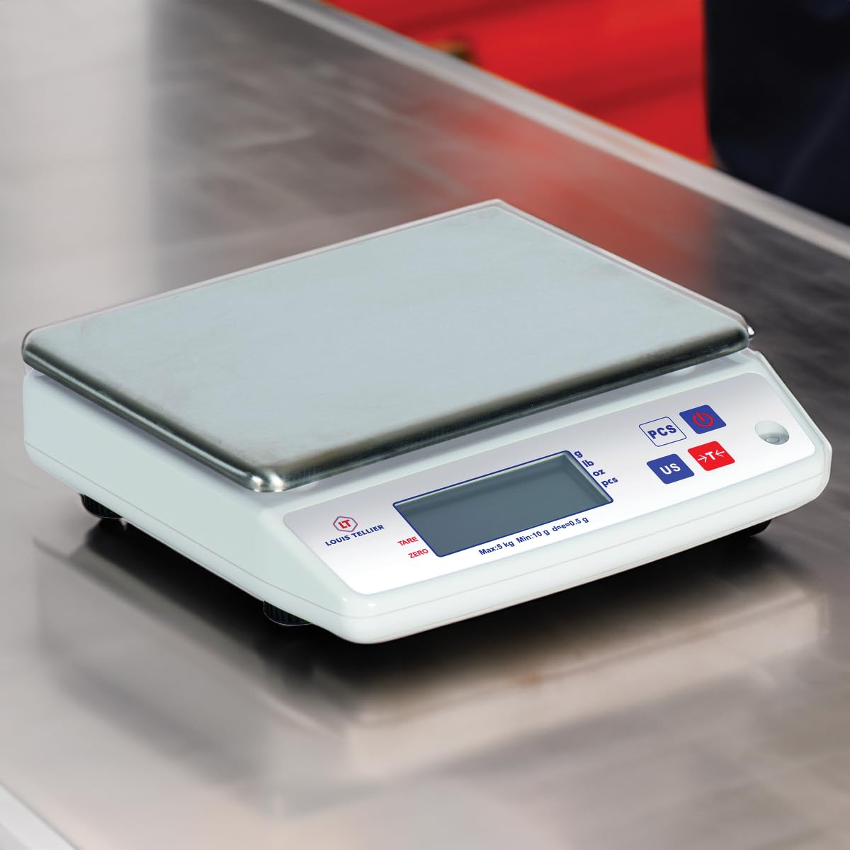 LOUIS TELLIER - Balanza Electrónica Profesional - 5kg - IP53 - Precisión 0,5 g - Bandeja Extraíble de Acero Inoxidable - Cocina - Panadería - 22 x 16,5 cm