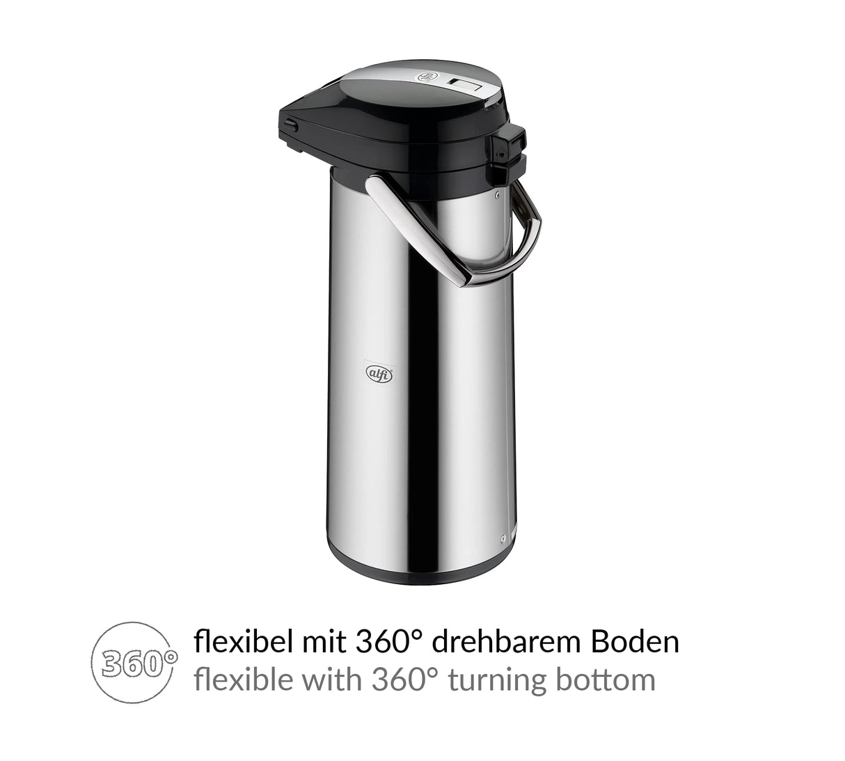 alfi GETRÄNKESPENDER 2,2 l, jarra con bomba de acero inoxidable pulido con inserción de vidrio duro, bomba integrada, mantiene el calor 12 horas y el frío 24 horas, 24 tazas, fondo 360°, para catering