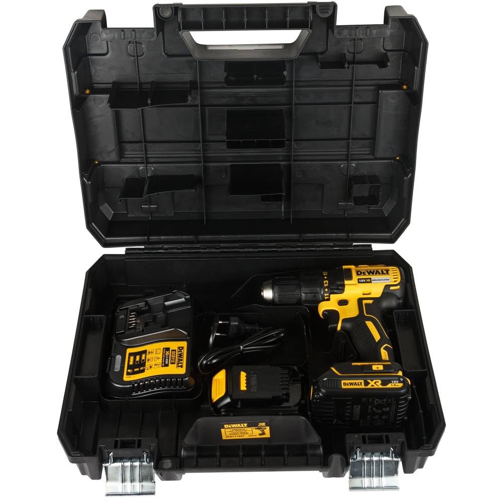 DeWalt DCD777S2T - QW - Taladro Atornillador sin escobillas XR 18V, 13mm, 65Nm con 2 baterías Li - Ion 1.5Ah y maletín TSTAK, negro, amarillo