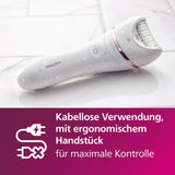 Philips Depiladora Mujer Serie 8000, 9 en 1, Para Cuerpo, Cara, Pies y Bikini, Uso en Seco o Humedo, Piel Suave desde Casa, Cabezal Ceramico, BRE740/10, Blanco