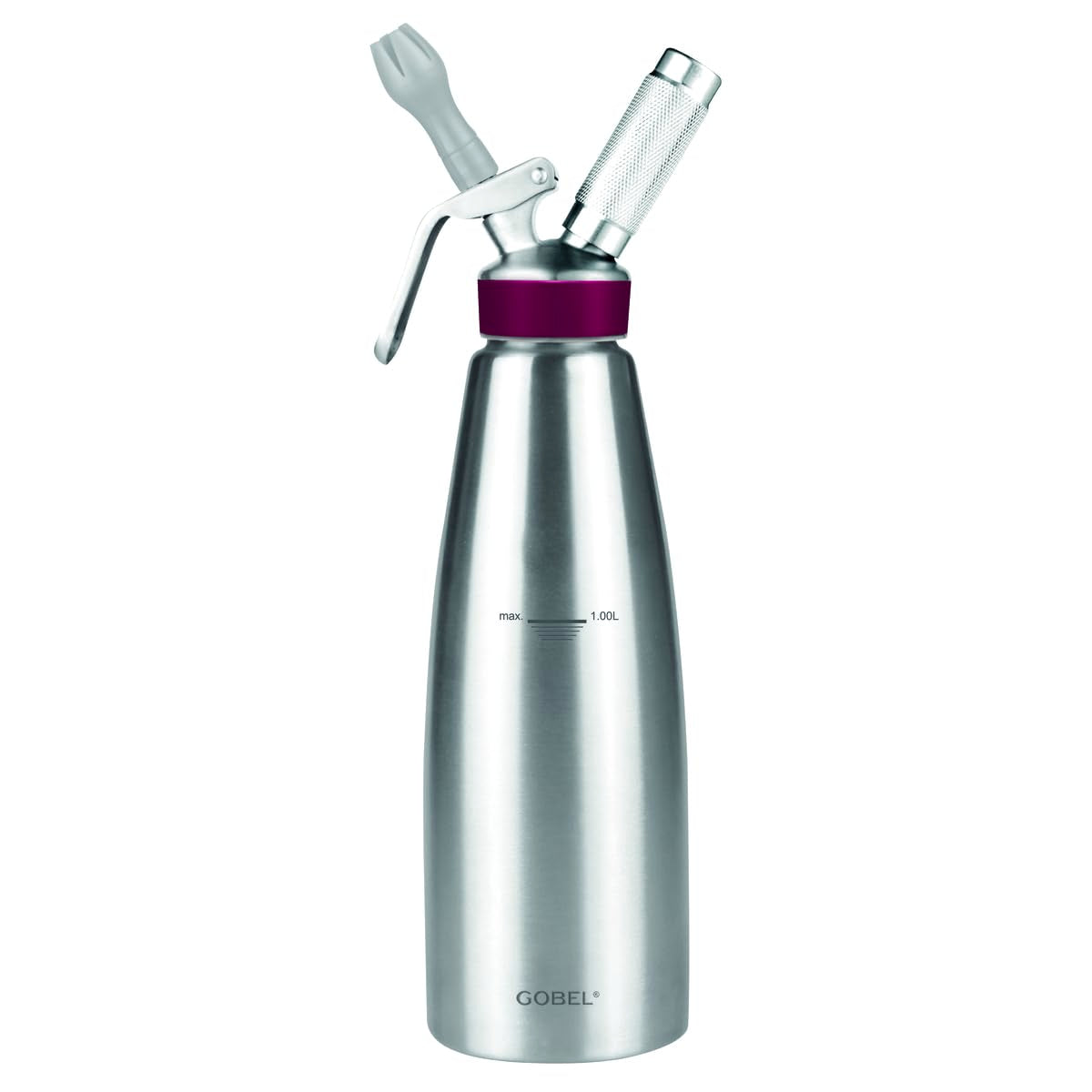 GOBEL - Sifón para la cocina profesional de acero inoxidable - Sifón para montar nata con recipiente y cabezal de acero inoxidable - 1 litro - Calidad profesional (cumple la norma NF D21-901)