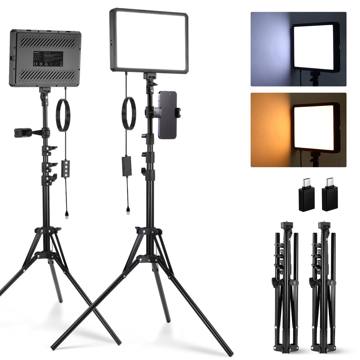 NEEWER Basico Kit Iluminación Panel Luz Video LED 2 Paquetes con 2 59'' Soportes y 2 Soportes Teléfono, 850lx/0.5m Bi Color 2700K-6500K Luz de Estudio Regulable para Foto Grabación Live Stream, BP300