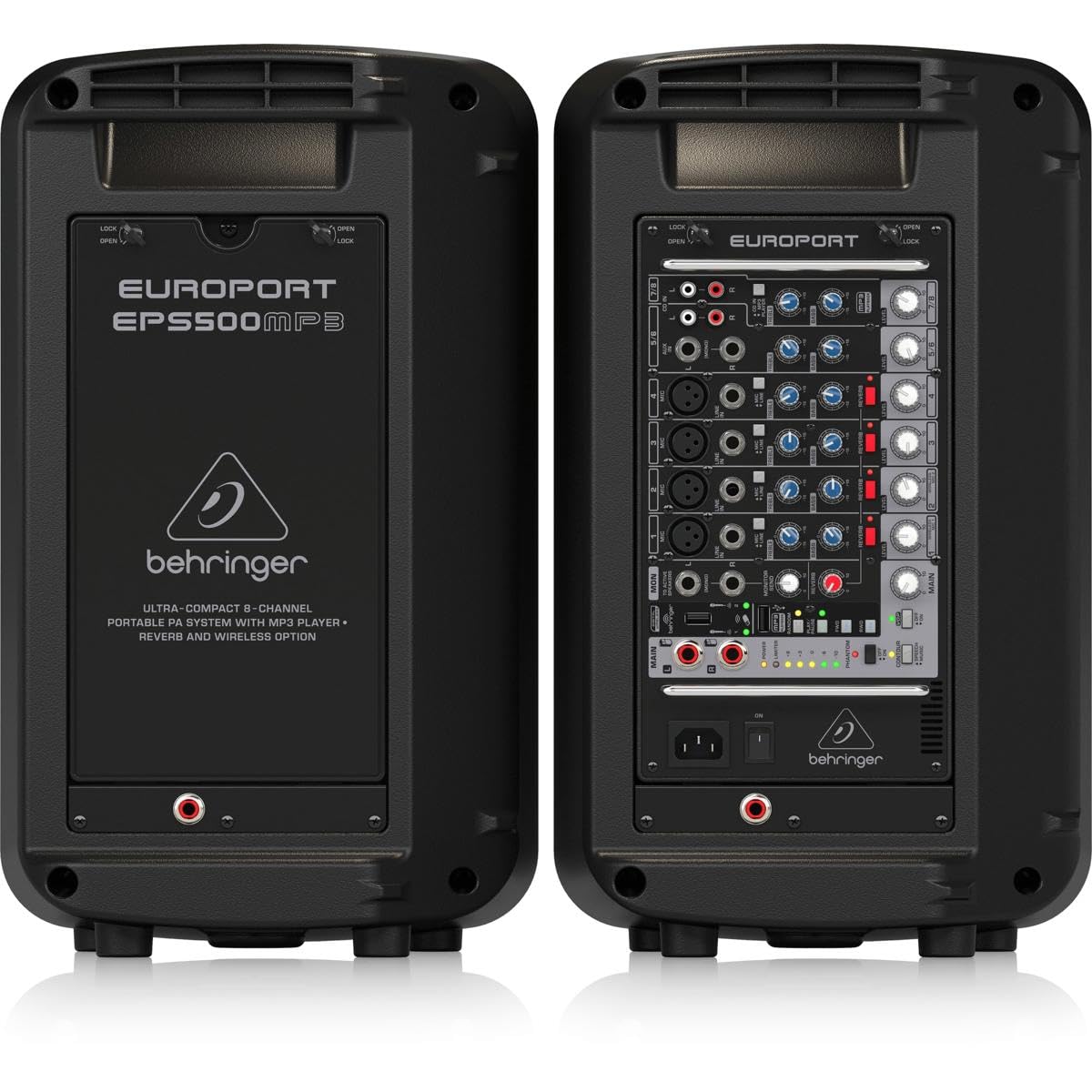 Behringer EUROPORT EPS500MP3 Sistema de megafonía portátil ultracompacto de 500 vatios y 8 canales con reproductor de MP3, reverberación y opción inalámbrica