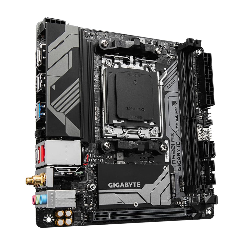 GIGABYTE A620I AX Placa base - Soporta CPUs AMD Ryzen 8000, VRM digital de 5+2+1 fases, hasta 6400MHz DDR5 (OC), 1xPCIe 4.0 M.2, Wi-Fi 6E, LAN 2.5GbE, USB 3.2 Gen 2