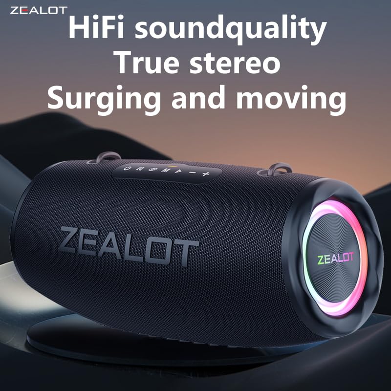 Zealot Altavoz Bluetooth Grande 80W de Potencia con Luz LED, Altavoces Inalámbricos 16000mah Batería, Autonomía de 40 Horas, Puerto de AUX, USB, Tarjeta TF, Bluetooth 5.2, IP67 Impermeable, Negro