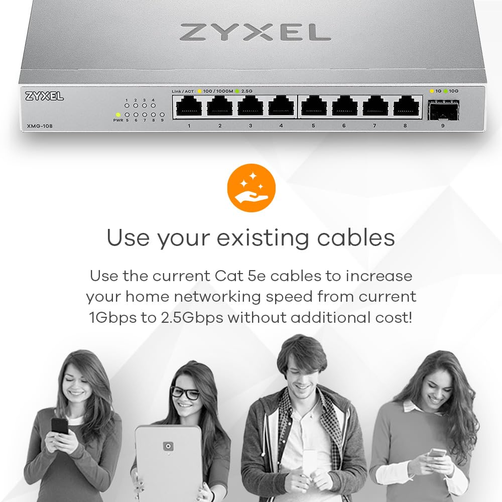 Zyxel 8-Port 2.5G Multi-Gig Unmanaged Switch con 1 x 10G SFP+ | Montaje en sobremesa o Pared [XMG-108]