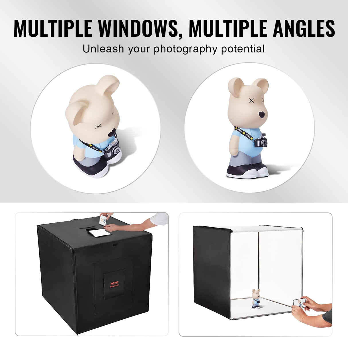 VEVOR Caja de Luz para Estudio Fotográfico 100x100 cm 5600K Caja de Fotos para Fotografía 210 Luces Led 5 Fondos Adaptador de Corriente Piezas de Esquina de Tela Suave CRI ≥95 para Fotografía