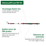 Bosch podadora a batería AdvancedPrune 18V-45 (para cortar sin esfuerzo ramas de hasta 45 mm; sistema de 18 voltios; hasta 600 cortes; con batería, cargador y bastón telescópico)