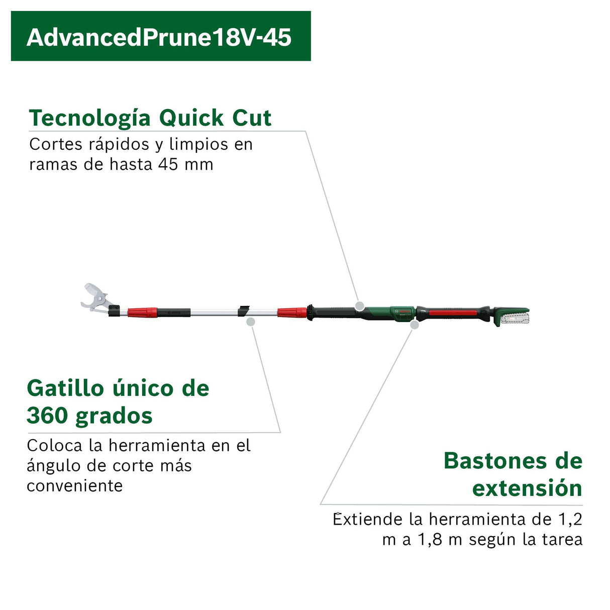 Bosch podadora a batería AdvancedPrune 18V-45 (para cortar sin esfuerzo ramas de hasta 45 mm; sistema de 18 voltios; hasta 600 cortes; con bastón telescópico, sin batería ni cargador)