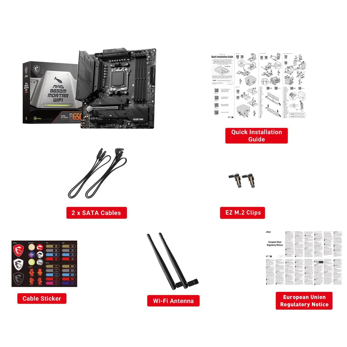 MSI mag B650M Mortar - Placa Base WiFi para Juegos (procesadores AMD Ryzen Serie 9000/8000/7000, AM5, DDR5, PCIe 4.0, Ranuras M.2, SATA 6Gb/s, USB 3.2 Gen 2, HDMI/DP, Wi-Fi 6E, Bluetooth 5.3, LAN de