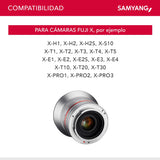 Samyang F1220510102 - Objetivo fotográfico CSC-Mirrorless para Fuji X (Distancia Focal Fija 12mm, Apertura f/2-22 NCS CS, diámetro Filtro: 67mm), Plateado