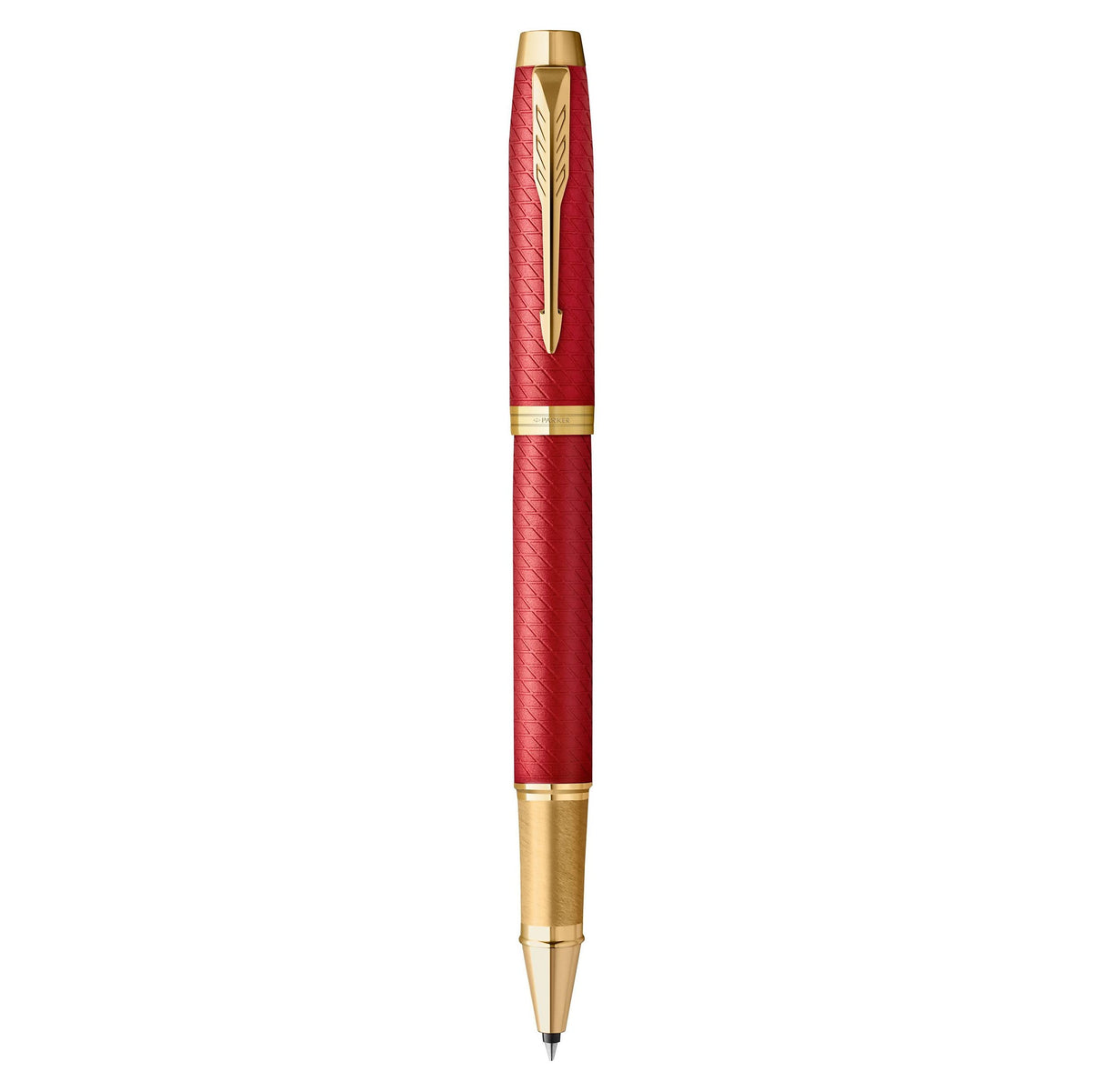 Parker IM bolígrafo roller | Lacado en rojo Premium con adornos dorados | Punta fina con recambio de tinta negra | Estuche de regalo